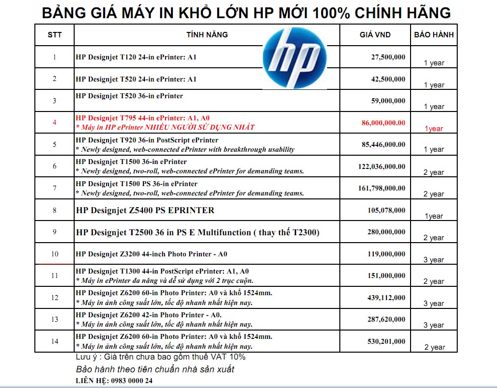 Bảng giá máy in khổ lớn HP Bảng giá máy in khổ lớn HP